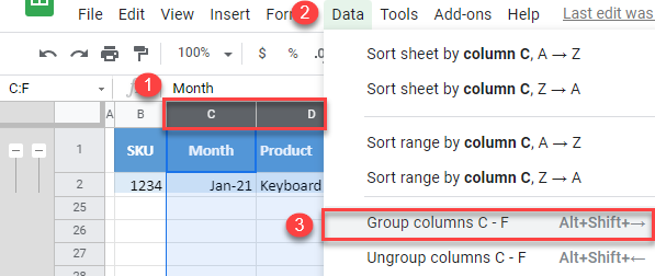 google sheets group columns 1