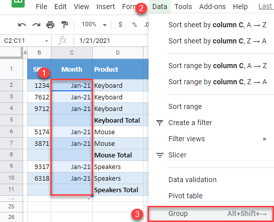 google sheets group rows 1