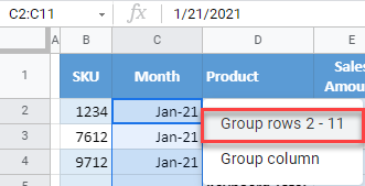 google sheets group rows 2a