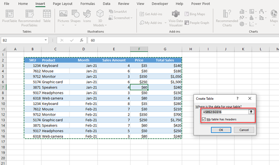 insert table in excel 2