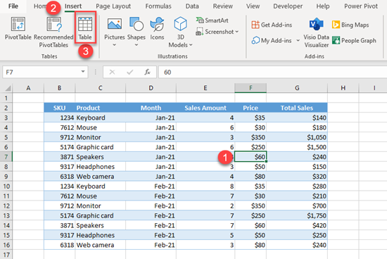 insert table in excel