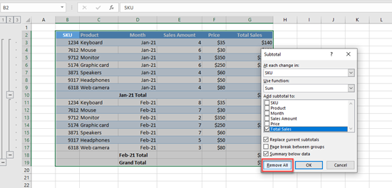 remove data subtotal