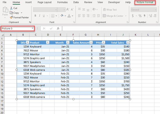 table as picture excel