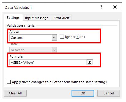 DataValidation Settings