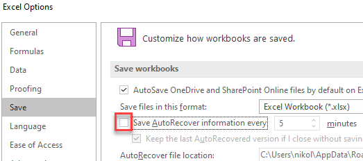 autorecover options turn off
