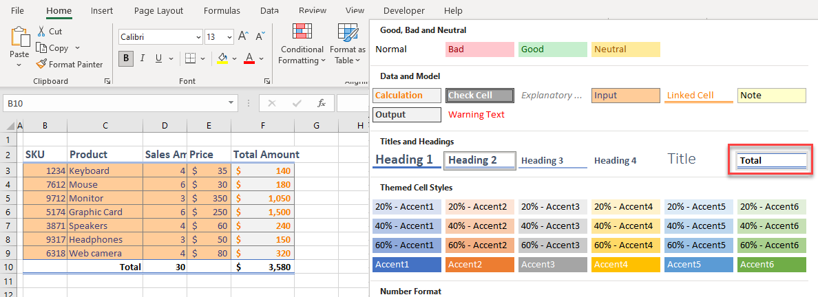 cellstyles format total