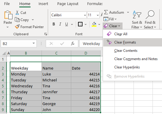clear format excel 2
