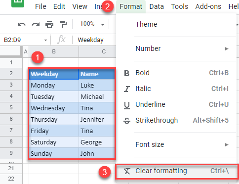clear format google sheets 2