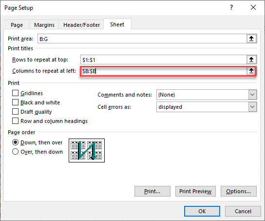 columns to repeat at left 1