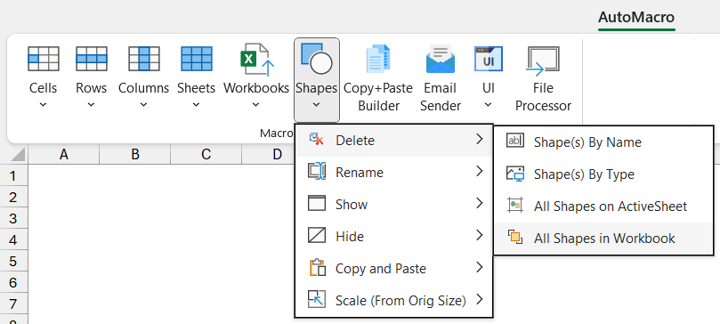 delete all shapes excel workbook