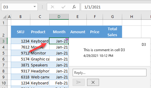 display a comment excel