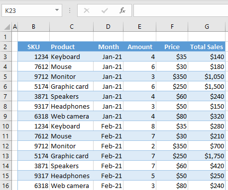 excel data table