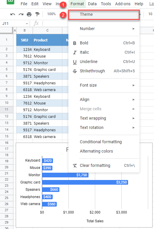 google sheets change theme 1