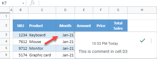 google sheets display comment
