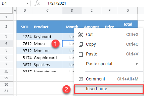 google sheets insert note