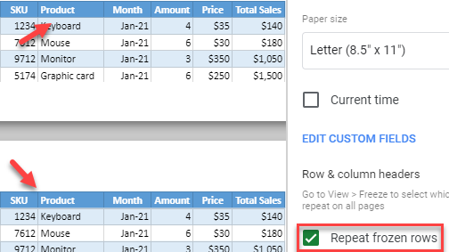 google sheets repeat frozen rows 1