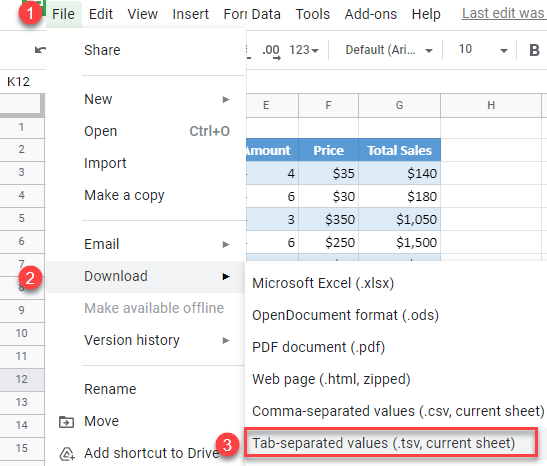 google sheets save as tab separated values