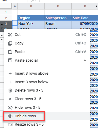 hidden rows columns gs unhide