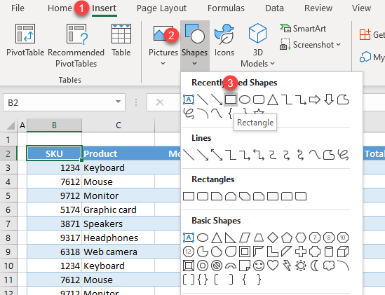 insert shape excel