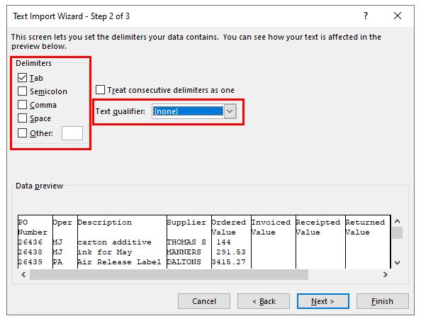 excel text import wizard data header