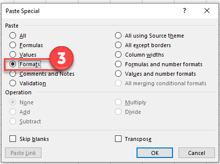 Paste Special Opcions Formats