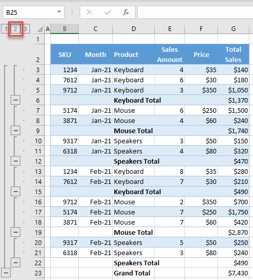 collapse subtotals excel