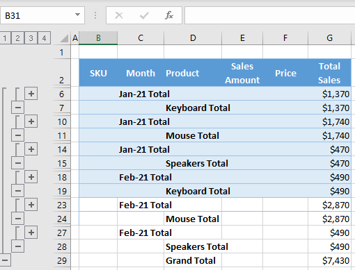 collapse subtotals multiple outlines final