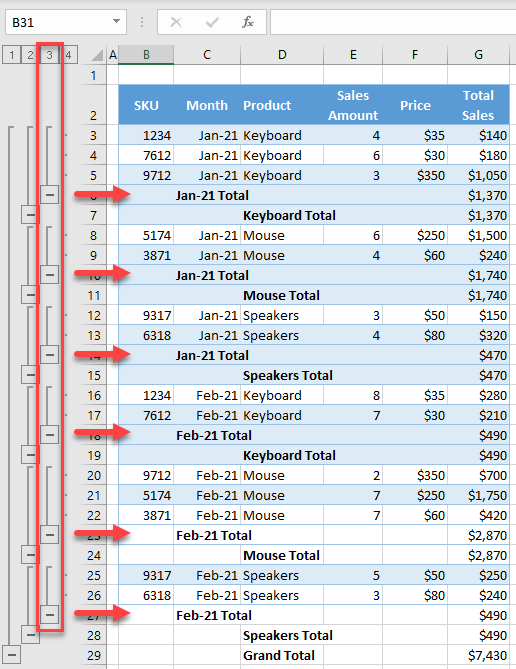 collapse-subtotals multiple outlines