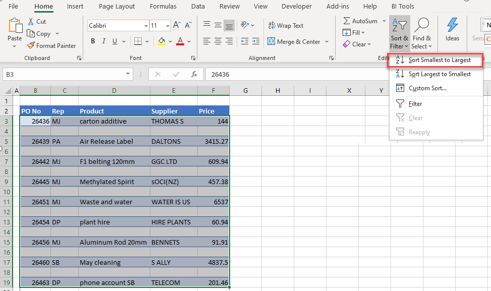 delete alternate rows smallest to largest