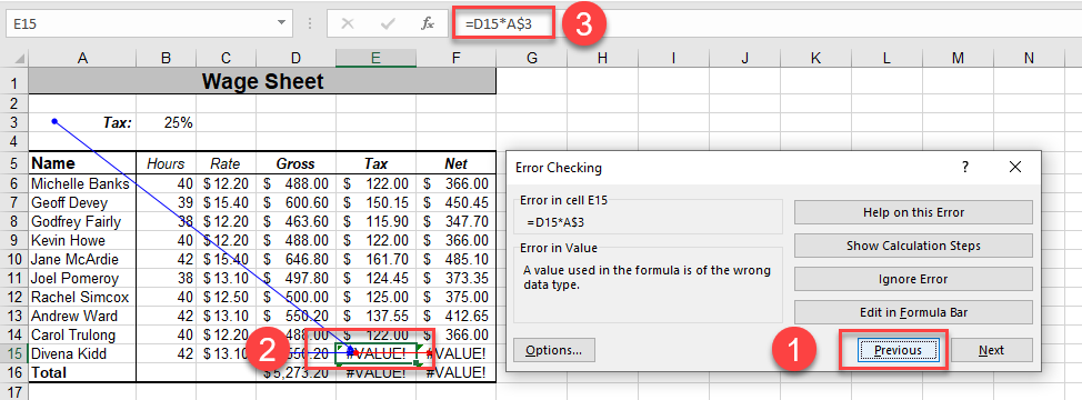 error checking trace previous