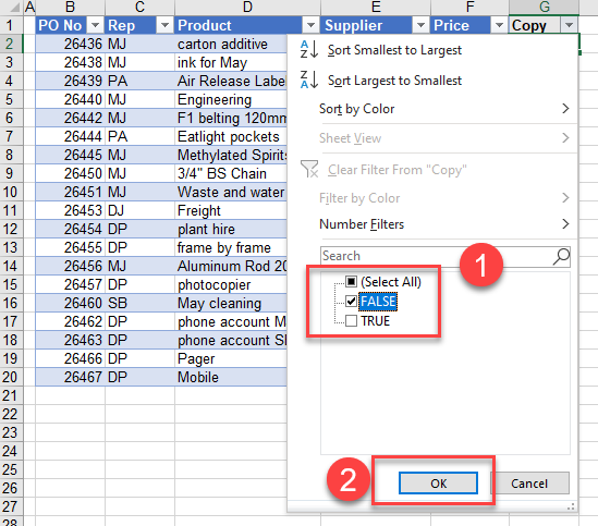 excel copyrows truefalse filter