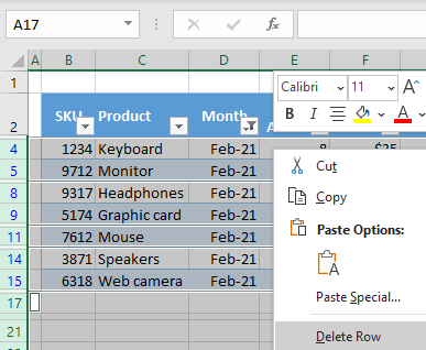 excel delete filtered rows