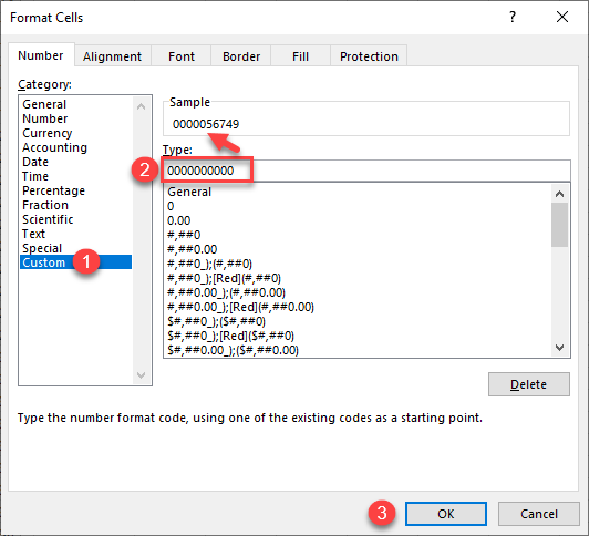 excel format cells add leading zeroes