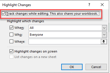 excel track changes dialog box