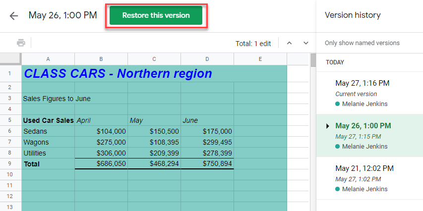 excel track changes gs restore version