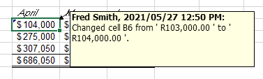 excel track changes note