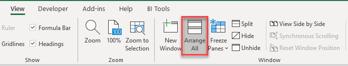 excel view 2 sheets arrange all