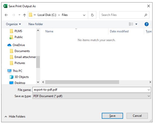 export to pdf output location