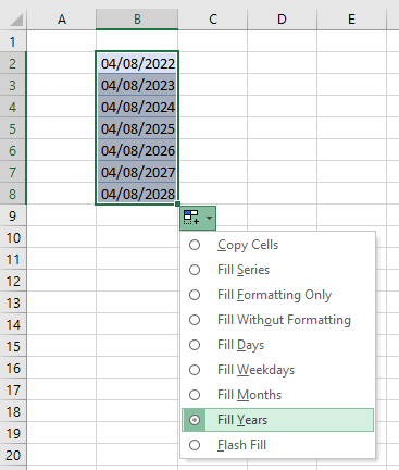 fillhandle date options