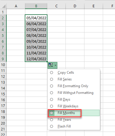 fillhandle fill months