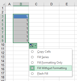 fillhandle no formatting