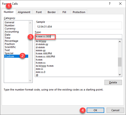 format cells milliseconds