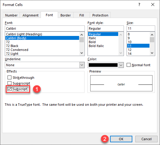 format cells subscript