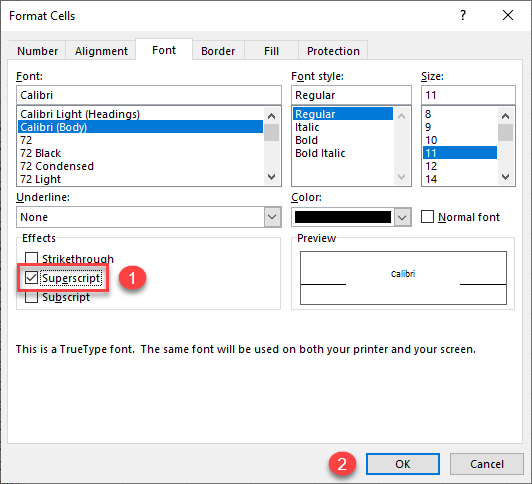 format cells superscript 2