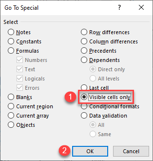 go to special select visible cells