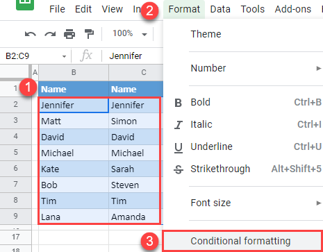 google sheets compare two columns conditional formatting