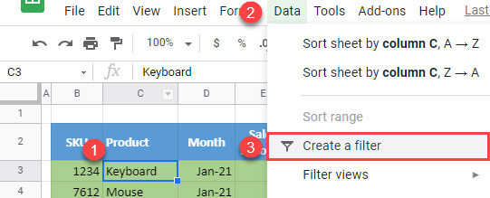 google sheets create a filter