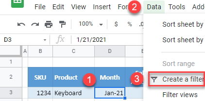 google sheets create a filter