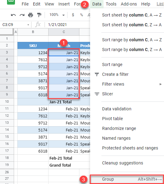 google sheets create an outline