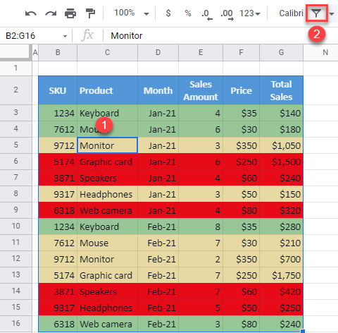 google sheets create filter